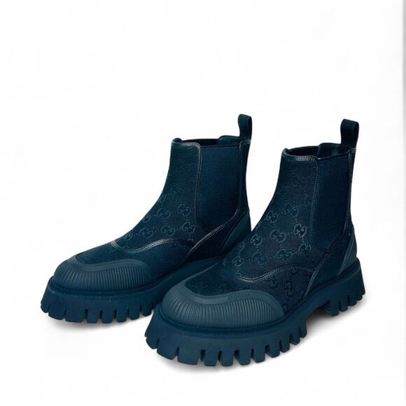 NIB Gucci GG Men's 10.5 US 11 Jacquard Canvas Ankle Chelsea Boots Black $1,150 - Picture 4 of 12